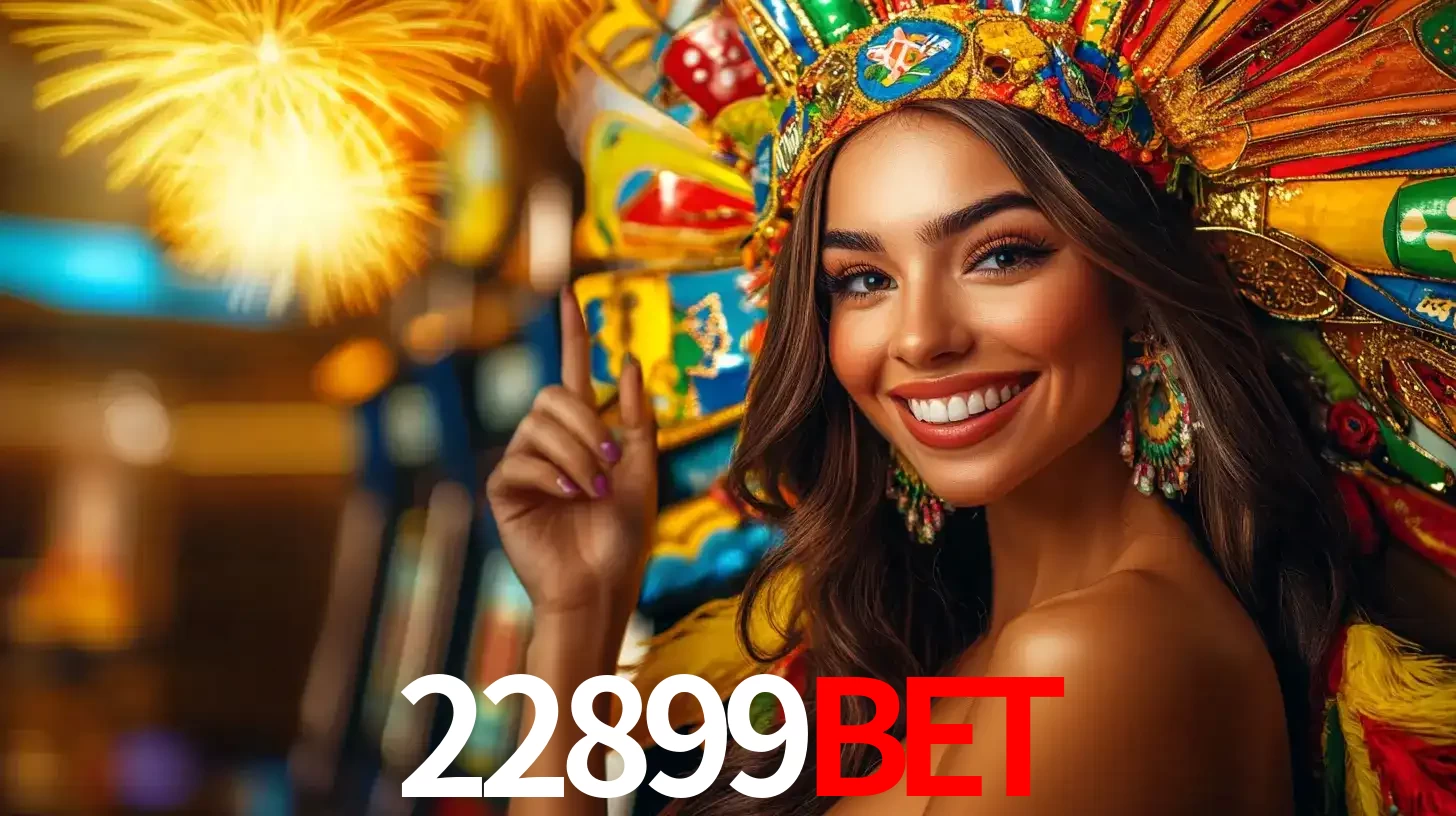 Mulher sorridente com um cocar de carnaval vibrante e colorido, celebrando uma grande vitória nos jogos do cassino 22899bet com fogos de artifício ao fundo.