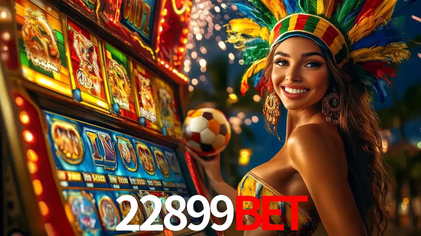 Mulher com um cocar de carnaval ao lado de uma máquina de caça-níqueis enquanto segura uma bola de futebol, mostrando a união da diversão de cassino e esportes no 22899bet.