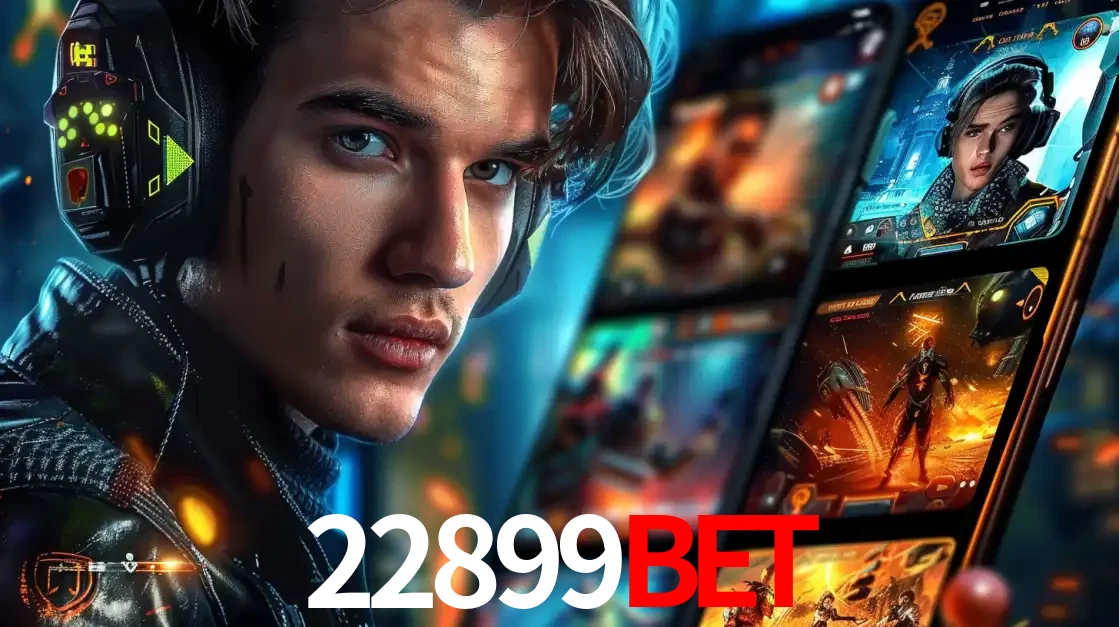 Jovem jogador com fones de ouvido olhando para a câmera, com um aplicativo de jogos e e-sports para celular ao fundo, pronto para a competição e apostas no 22899bet.