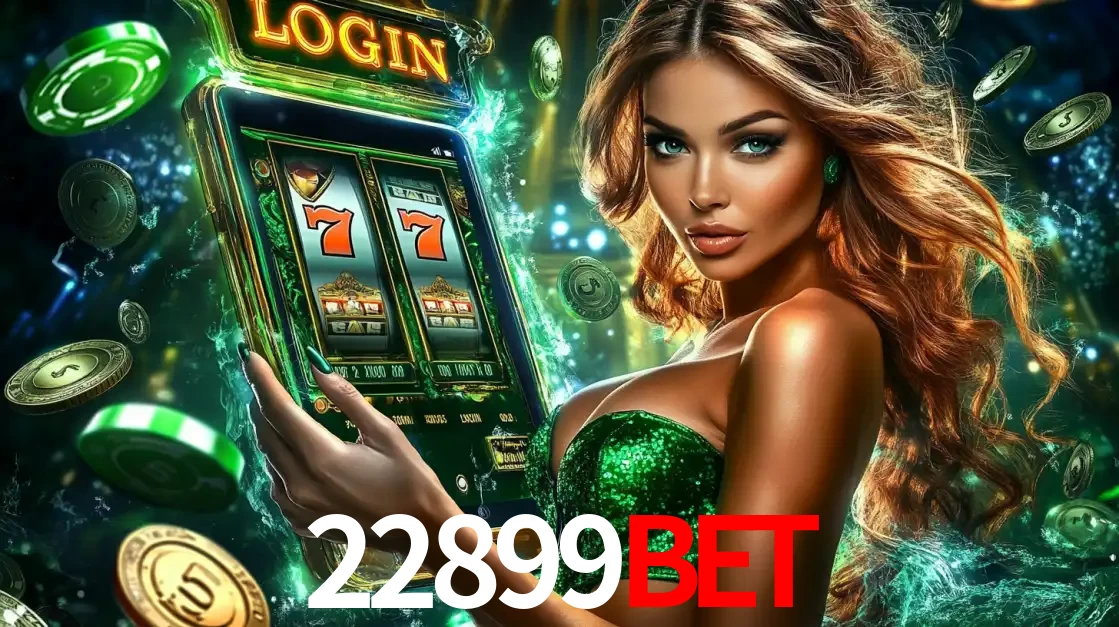 Mulher com tema verde apresentando o aplicativo do cassino 22899bet com um jogo de slot de 777, cercada por fichas de cassino e uma aura de sorte.