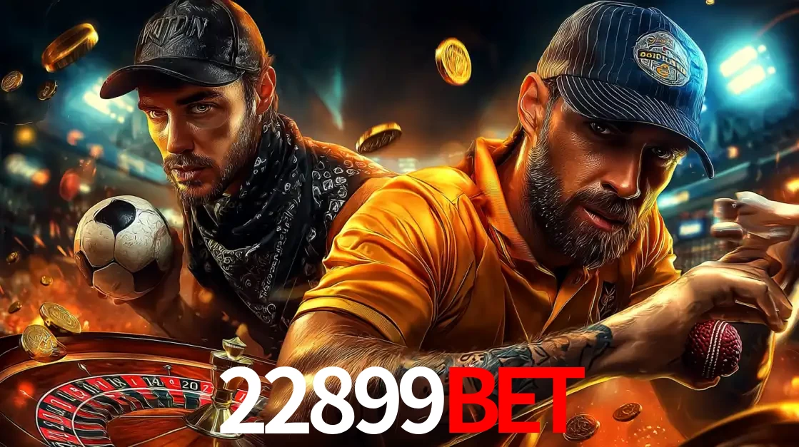 Montagem de apostas esportivas e cassino no 22899bet, com um homem segurando uma bola de futebol e outro uma de beisebol sobre uma roleta e moedas voadoras.