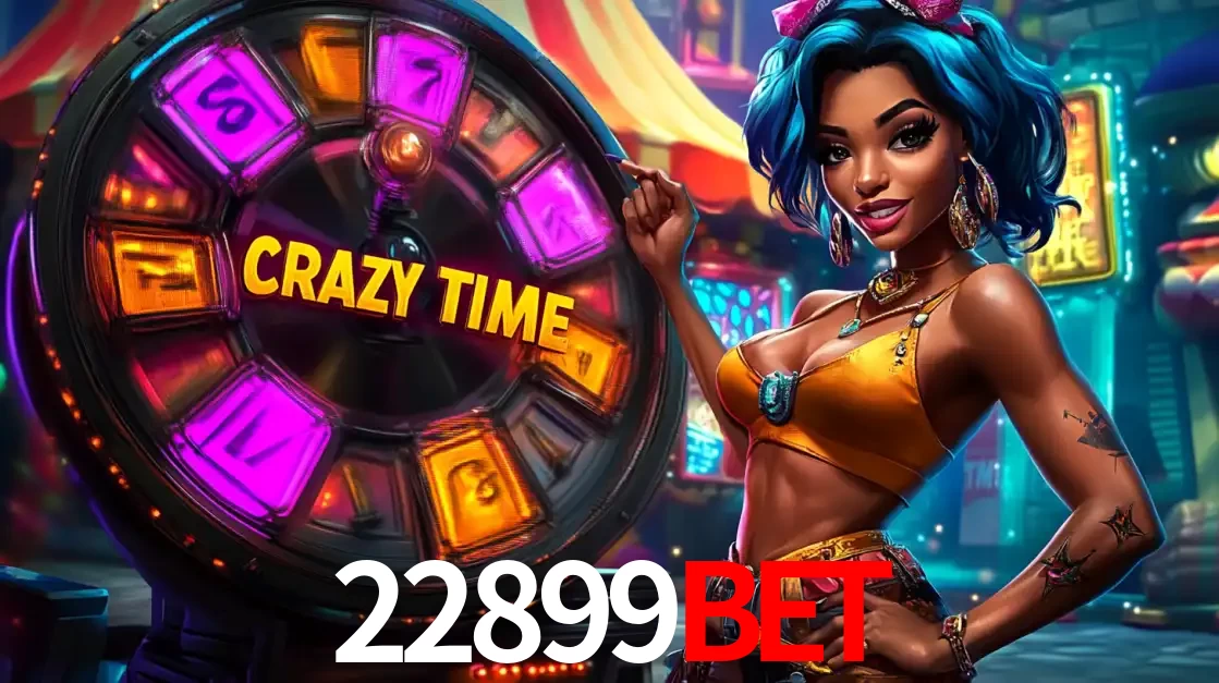 Mulher estilizada com cabelo azul e visual vibrante posando ao lado da roda de prêmios do game show Crazy Time, convidando para a diversão e os bônus do cassino 22899bet.