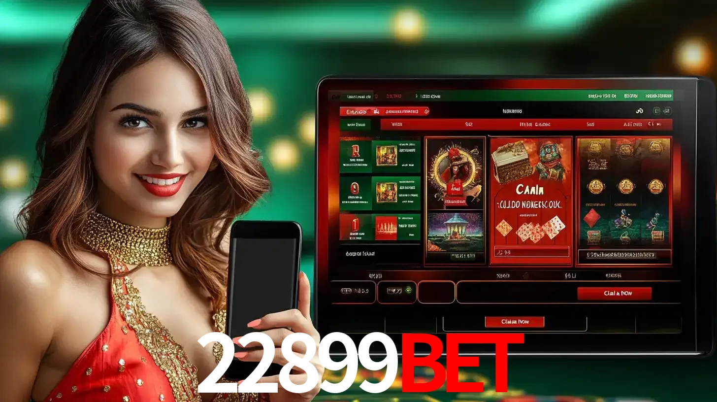Mulher sorridente segurando um smartphone, ao lado de uma tela exibindo o lobby de jogos do cassino online 22899bet, com várias opções de jogos de cartas e slots.